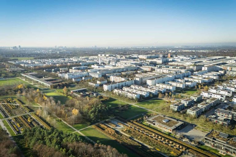 Ansicht eines Stadtviertels von oben